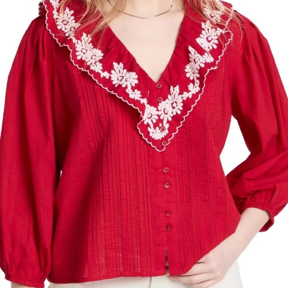 The Great The Hankie Top Red with White Floral Collar Button Front Size Large - Picture 1 of 7